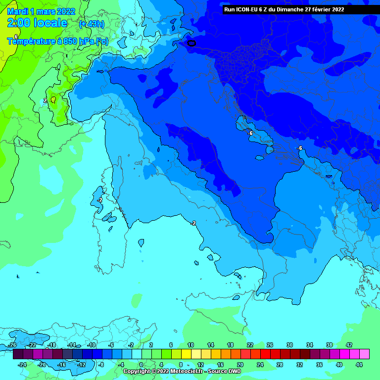 Avvio di Settimana ancora Instabile e Freddo - Mappa Temperature 850hpa Italia